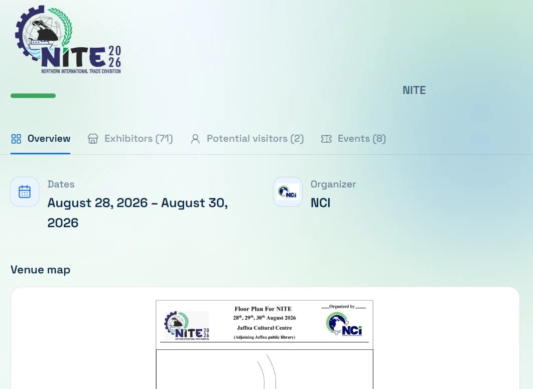 The NITE event page on ExpoLiz showing dates, organiser NCI, 71 exhibitors, 8 events and the venue floor plan