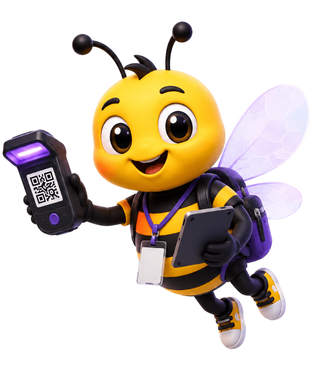 ExpoLiz bee mascot with scanner and badge